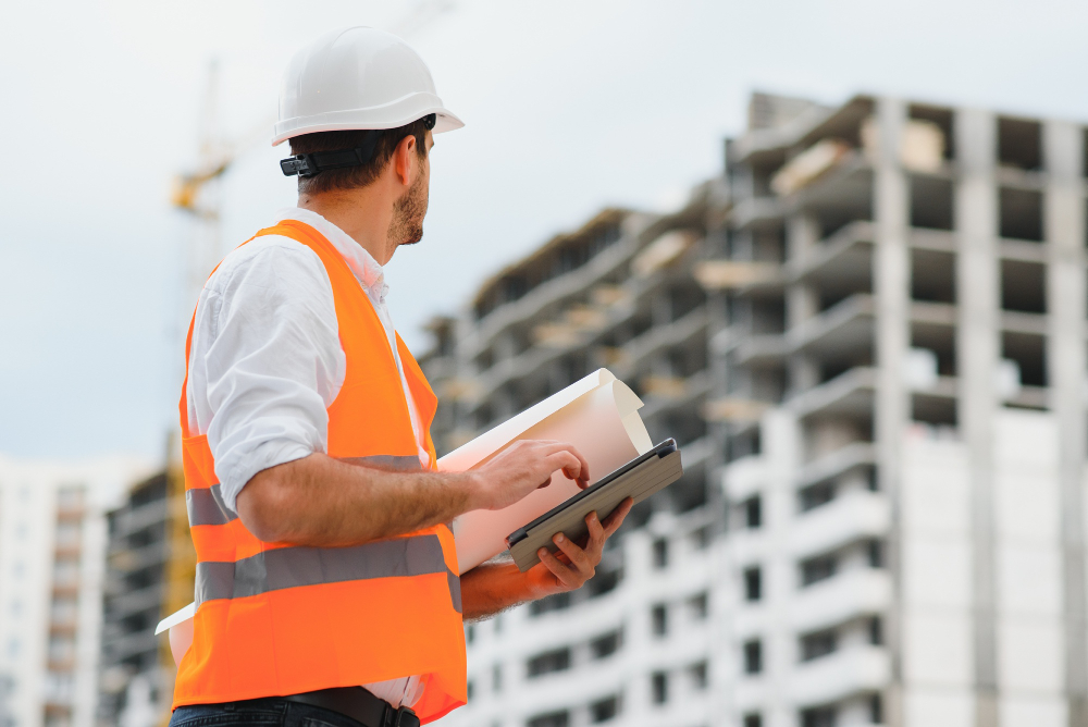 homem com colete e capacete de proteção para construçoes olhando para um prédio.